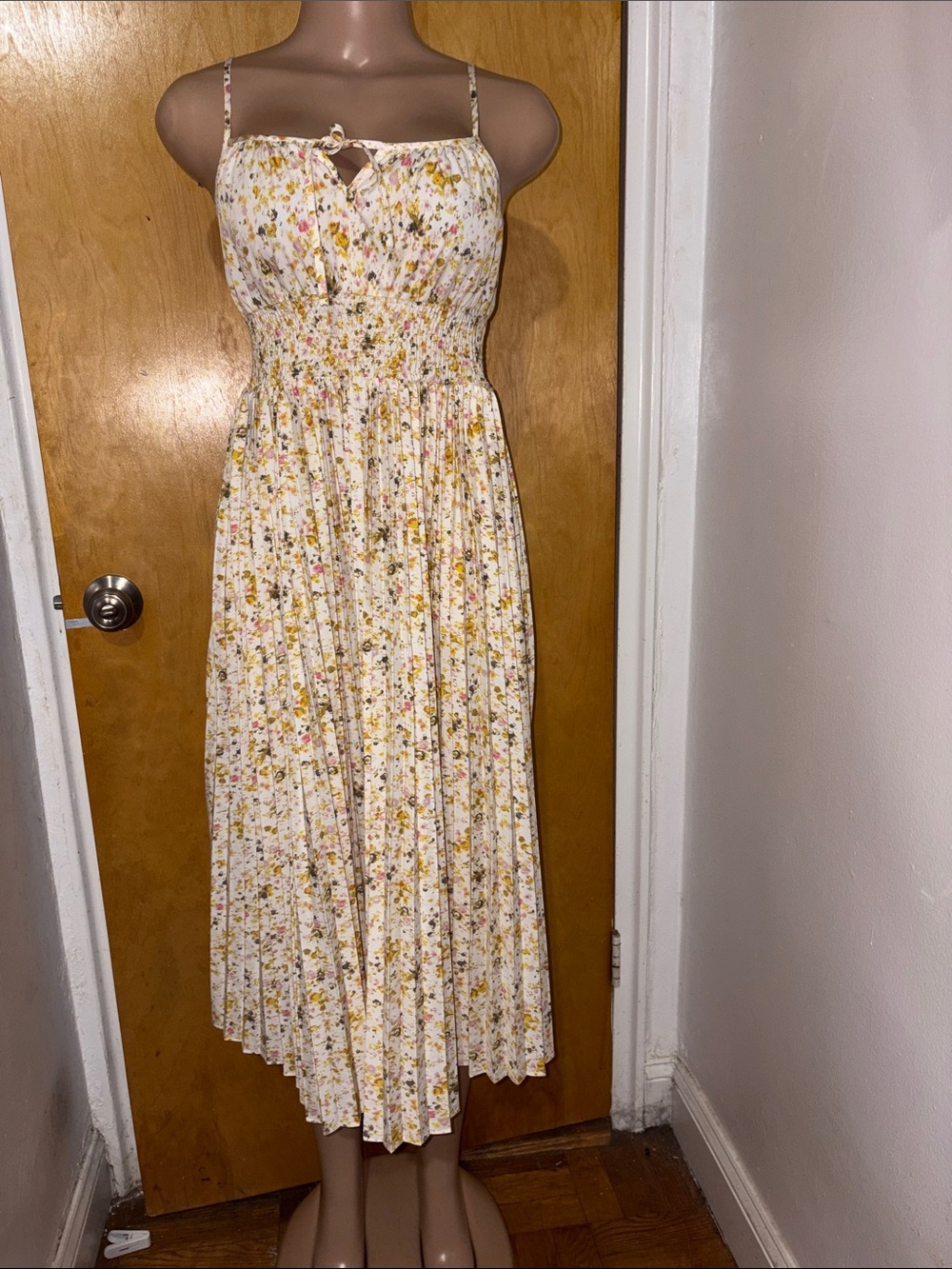 J. Crew yellow white floral pleated a line midi sun dress pockets 0 (READ DESC)